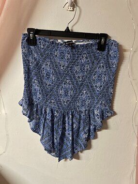 NWT New Look Smocked Paisley Tube Top Women's Blue Boho Pull-On Flowy Ruffle Hem